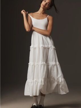 By Anthropologie Tiered Tank Midi Dress Eyelet Lace Ruffle White L *no sweater